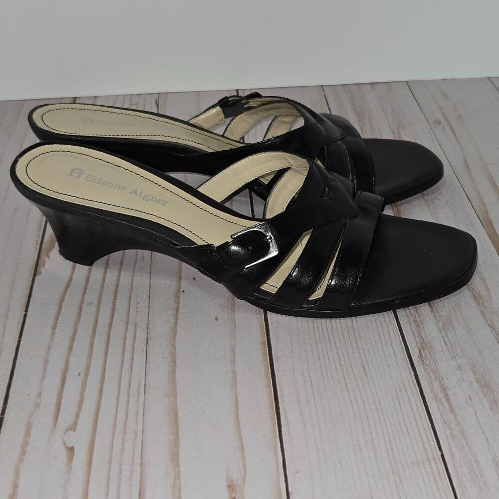 Vintage Etienne Aigner Slip On Black Wedge Sandals Size 7.5M - Picture 5 of 12